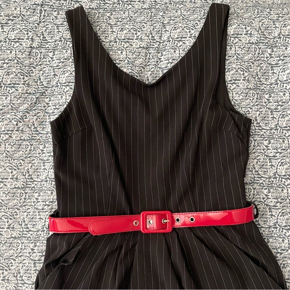 Charlotte Russe Black Pinstriped Career Dress with Red Patent Belt - Picture 3 of 9